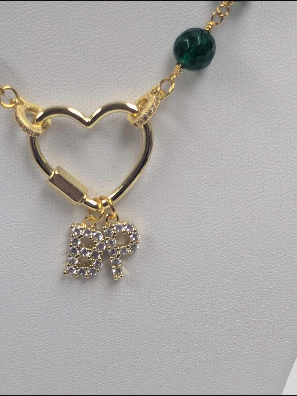 Emerald Green Jade Heart Carabiner Necklace 24K Gold Plated 17"+2" Charm Ready - Picture 6 of 7
